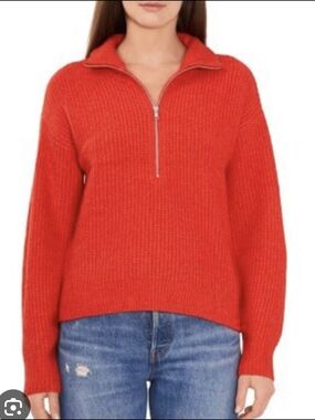 Vince Camuto  Sz M Bright Red Half-Zip Cowl Sweater